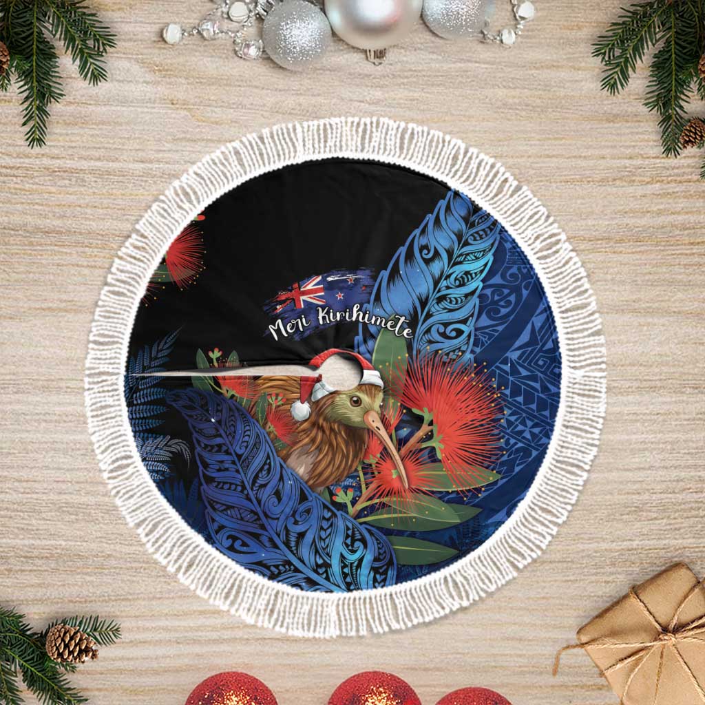 New Zealand Christmas Tree Skirt Santa Kiwi Bird With Pohutukawa Flowers DT05 Fringed Navy - Polynesian Pride
