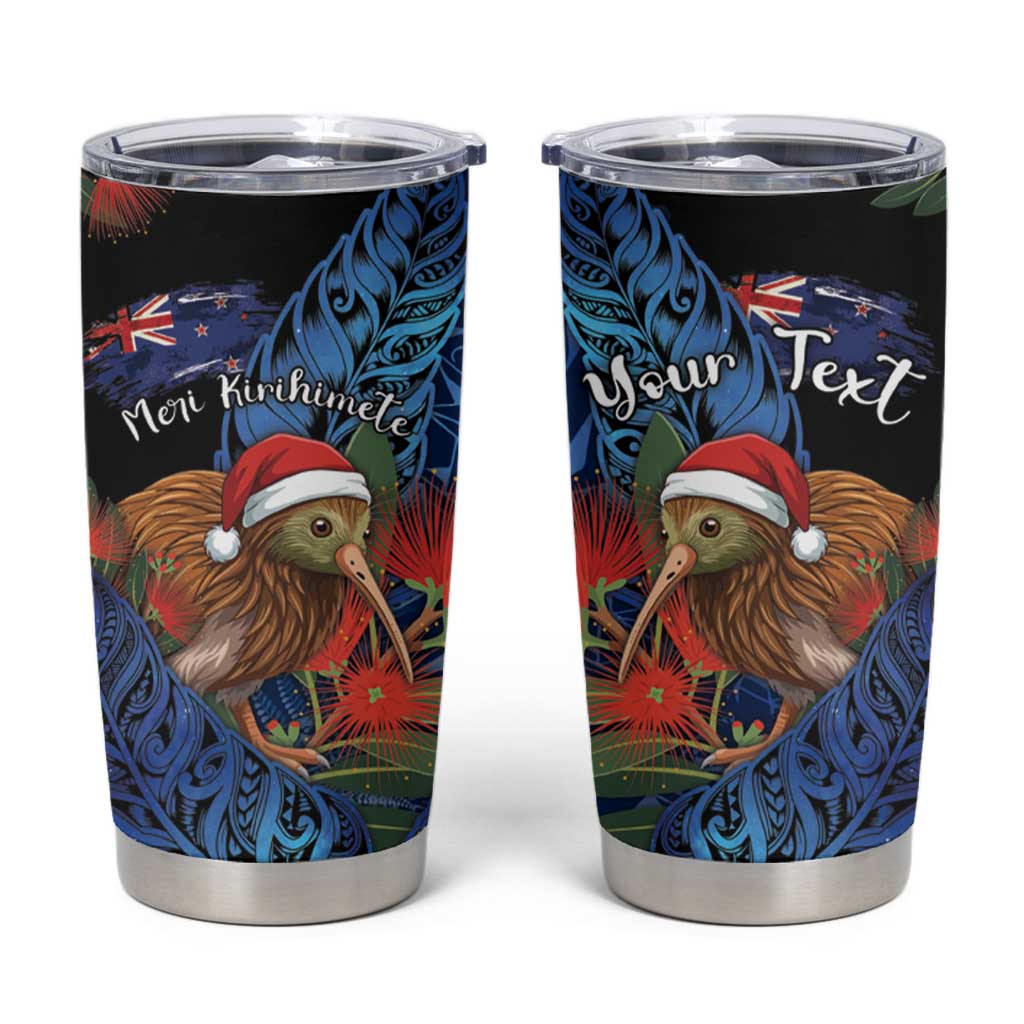 Personalised New Zealand Christmas Tumbler Cup Santa Kiwi Bird With Pohutukawa Flowers DT05 Navy - Polynesian Pride