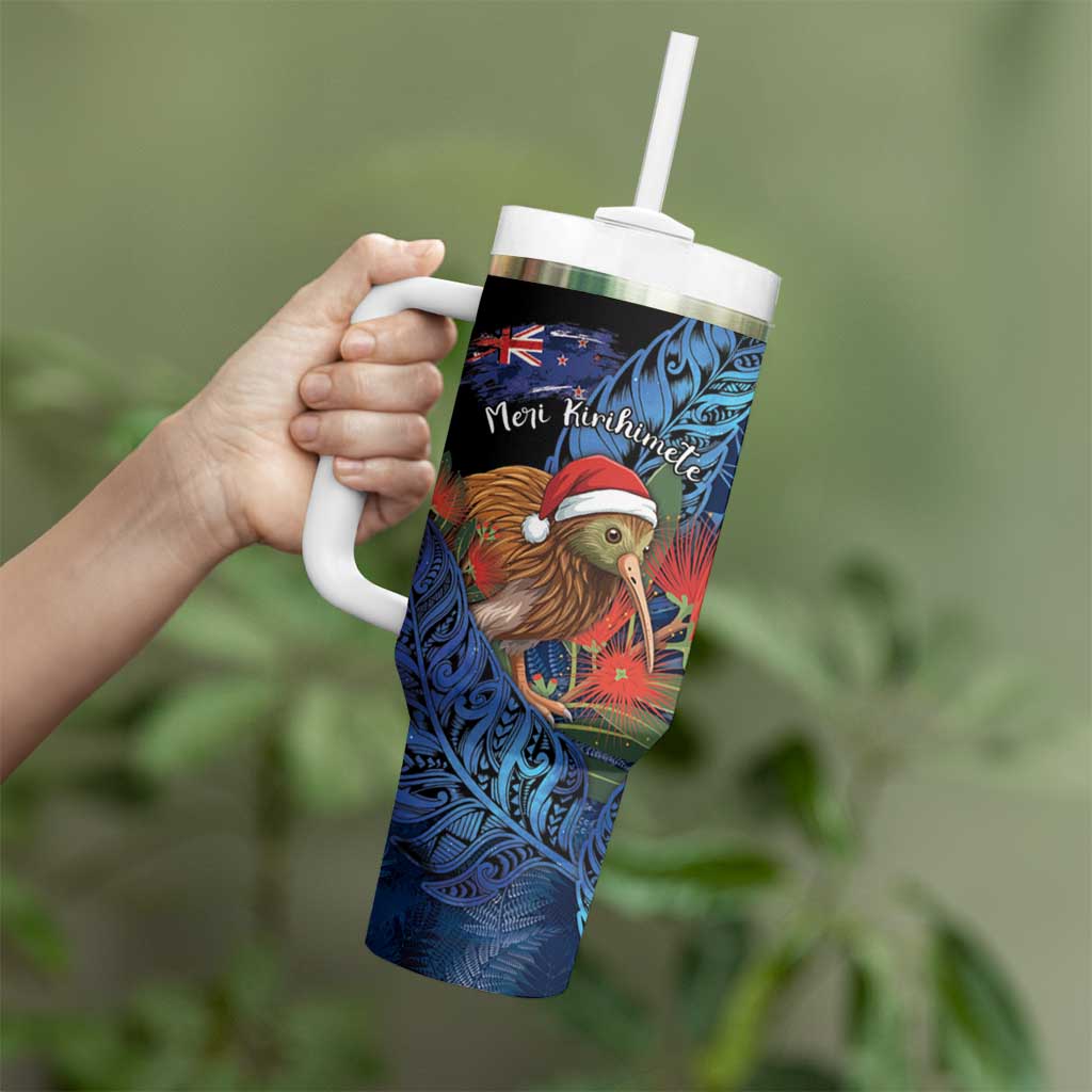 Personalised New Zealand Christmas Tumbler With Handle Santa Kiwi Bird With Pohutukawa Flowers DT05 - Polynesian Pride