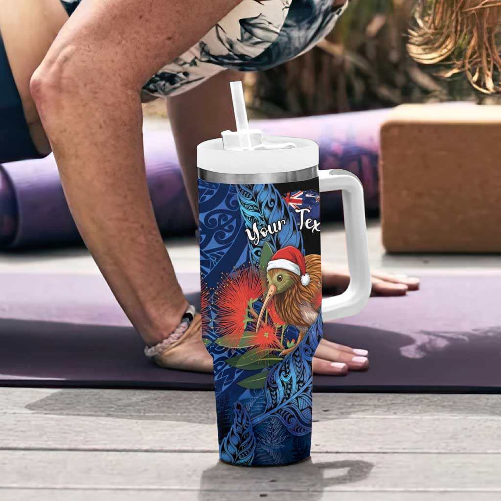 Personalised New Zealand Christmas Tumbler With Handle Santa Kiwi Bird With Pohutukawa Flowers DT05 - Polynesian Pride