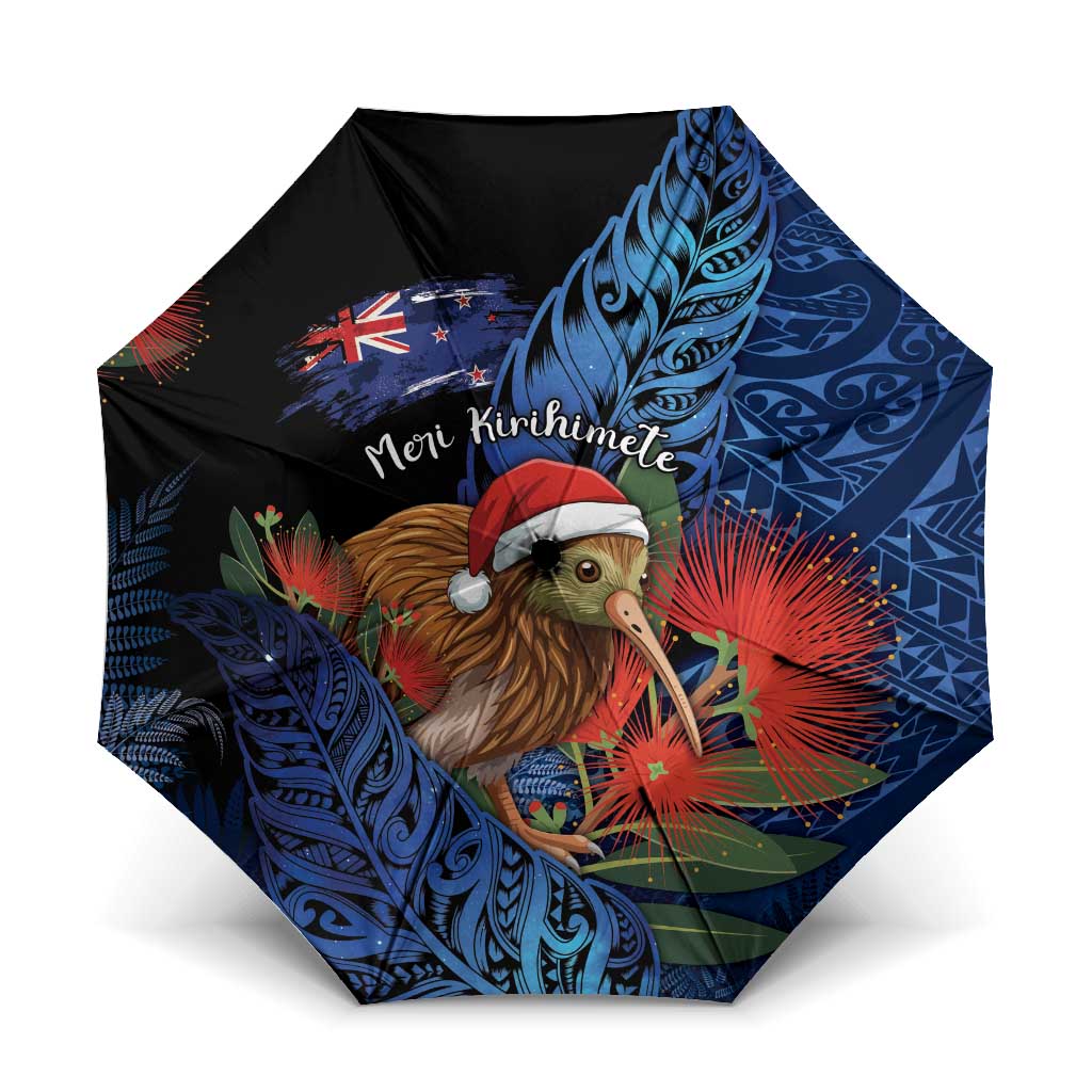 New Zealand Christmas Umbrella Santa Kiwi Bird With Pohutukawa Flowers DT05 One Size Folded 11.42 inch Opened Diameter 37.4 inch Navy - Polynesian Pride
