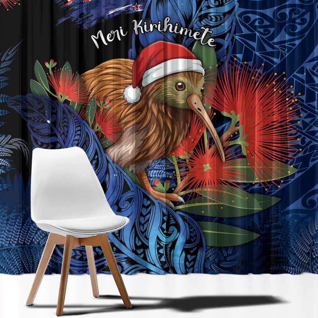 New Zealand Christmas Window Curtain Santa Kiwi Bird With Pohutukawa Flowers DT05 - Polynesian Pride
