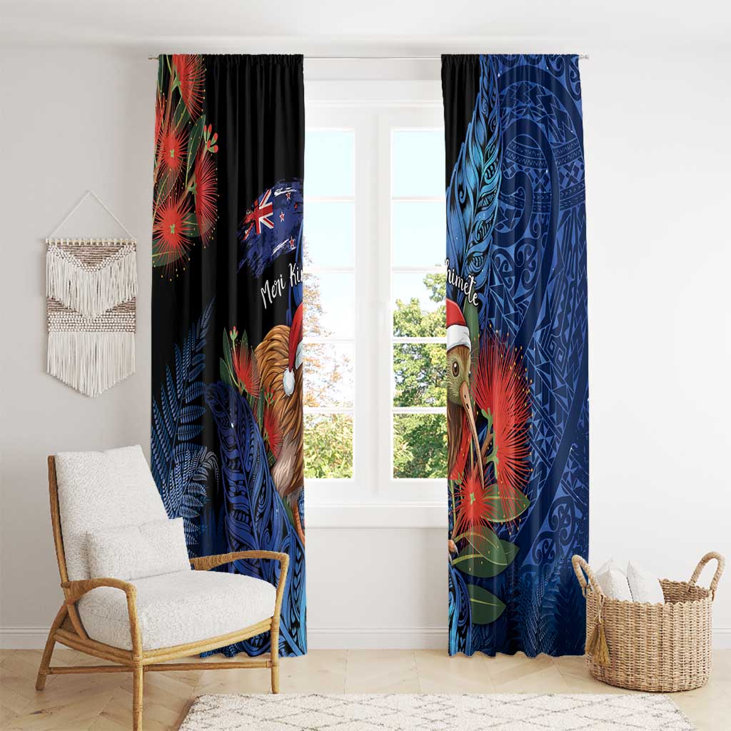 New Zealand Christmas Window Curtain Santa Kiwi Bird With Pohutukawa Flowers DT05 - Polynesian Pride