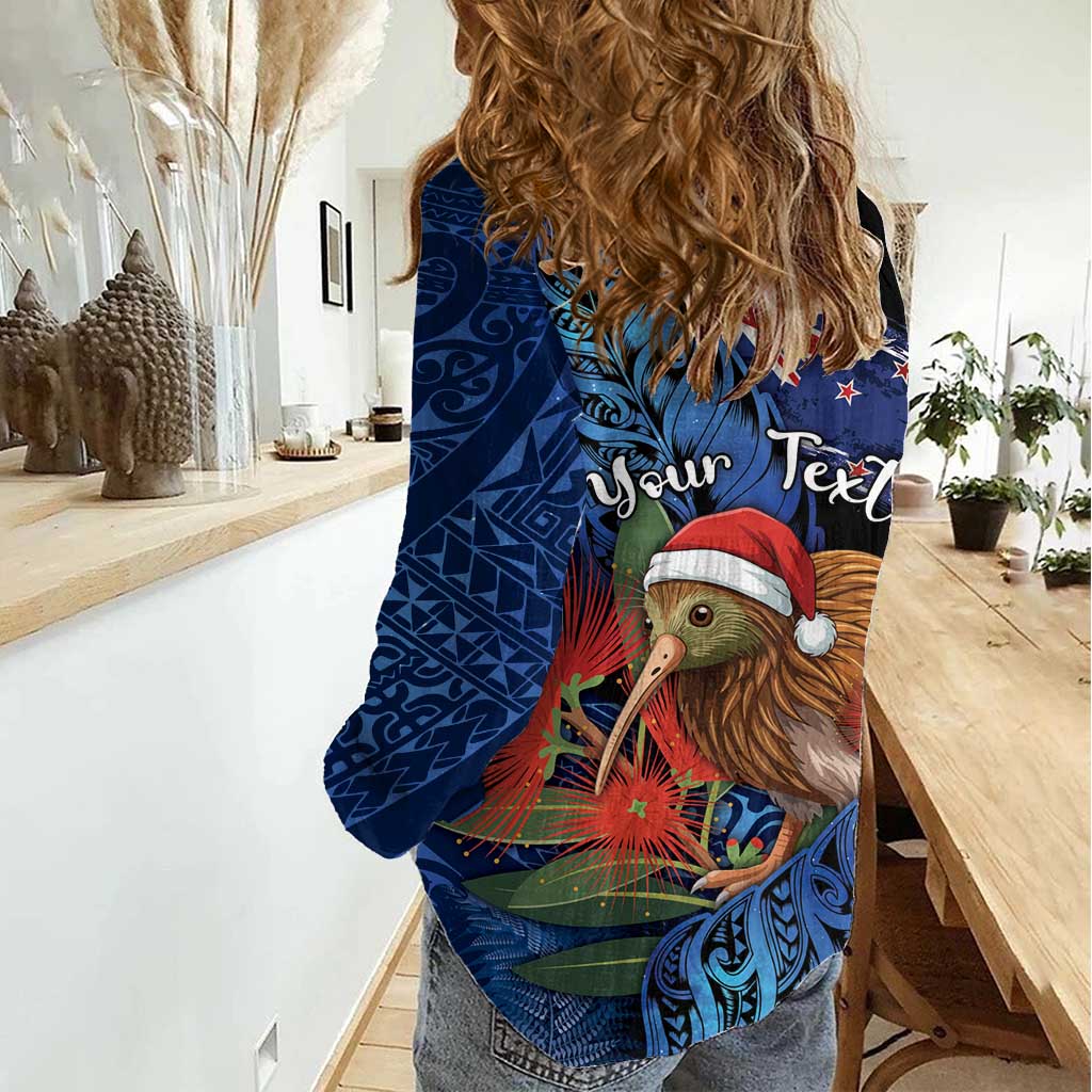 Personalised New Zealand Christmas Women Casual Shirt Santa Kiwi Bird With Pohutukawa Flowers - Polynesian Pride