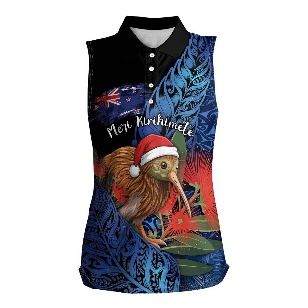 Personalised New Zealand Christmas Women Sleeveless Polo Shirt Santa Kiwi Bird With Pohutukawa Flowers DT05 Female Navy - Polynesian Pride