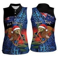 Personalised New Zealand Christmas Women Sleeveless Polo Shirt Santa Kiwi Bird With Pohutukawa Flowers DT05 - Polynesian Pride