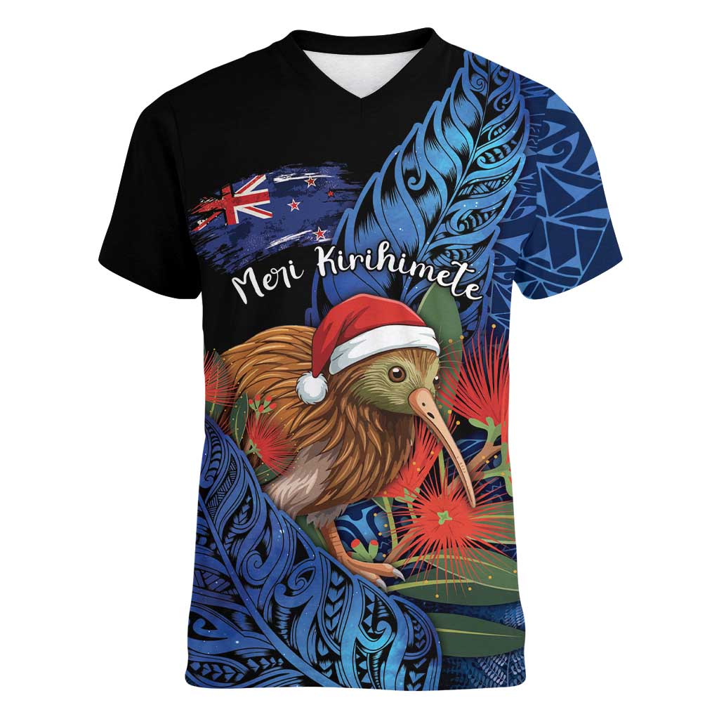 Personalised New Zealand Christmas Women V-Neck T-Shirt Santa Kiwi Bird With Pohutukawa Flowers DT05 Female Navy - Polynesian Pride