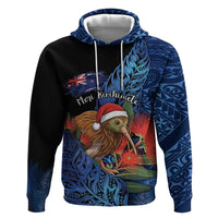 Personalised New Zealand Christmas Zip Hoodie Santa Kiwi Bird With Pohutukawa Flowers DT05 Pullover Hoodie Navy - Polynesian Pride