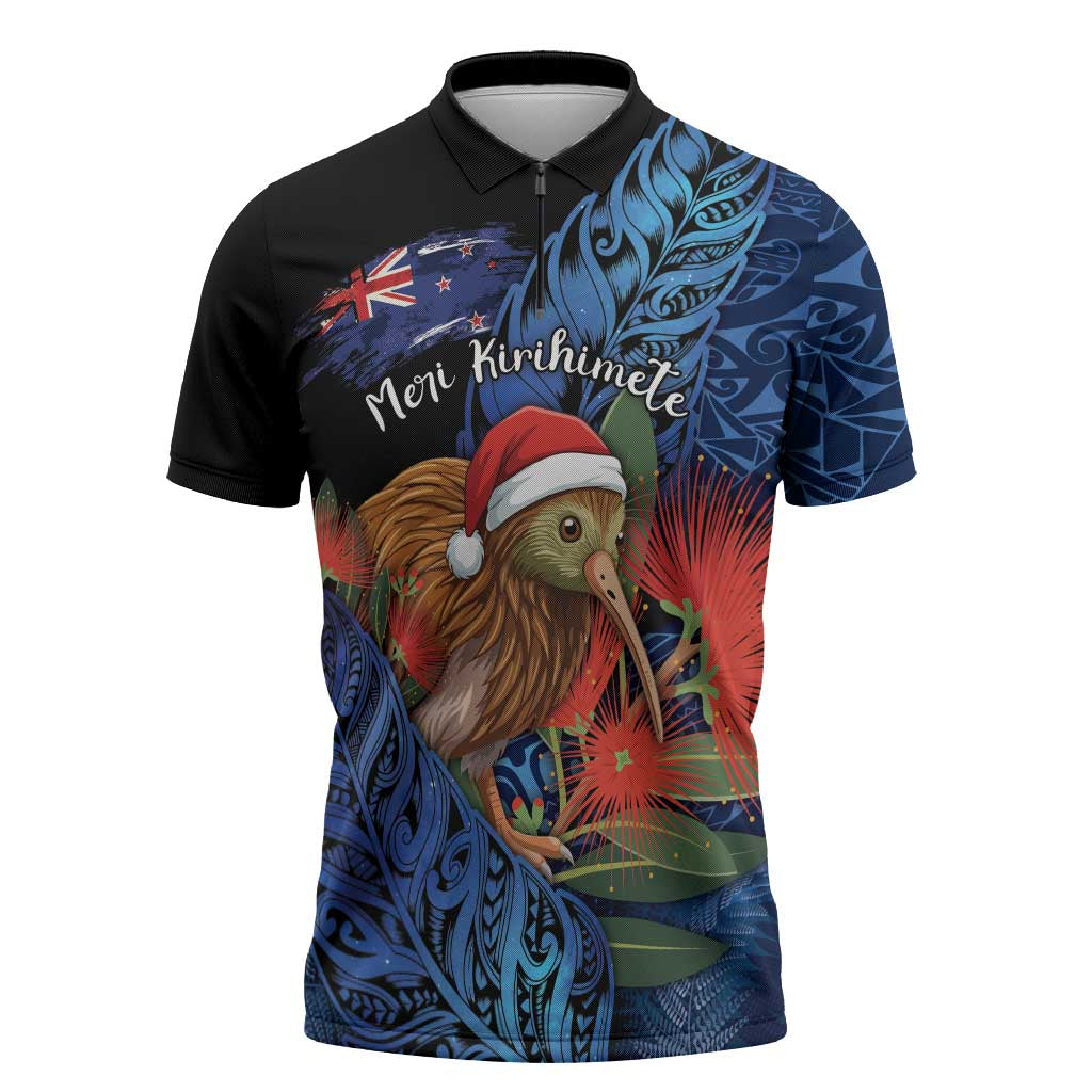 Personalised New Zealand Christmas Zipper Polo Shirt Santa Kiwi Bird With Pohutukawa Flowers DT05 Navy - Polynesian Pride