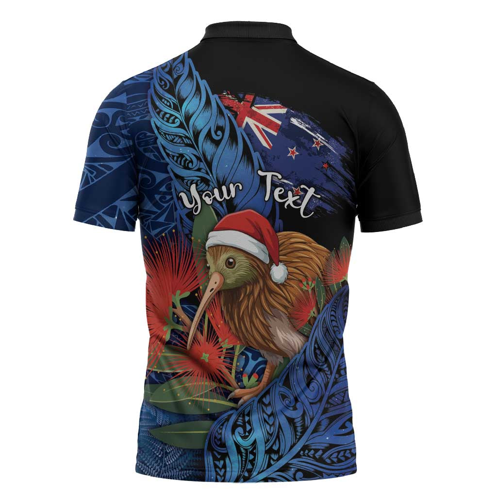 Personalised New Zealand Christmas Zipper Polo Shirt Santa Kiwi Bird With Pohutukawa Flowers DT05 - Polynesian Pride