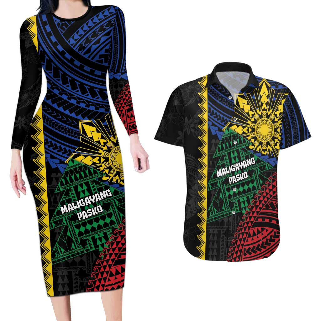 Personalised Philippines Christmas Couples Matching Long Sleeve Bodycon Dress and Hawaiian Shirt Xmas Tree Filipino Tribal Patterns DT05 Black - Polynesian Pride