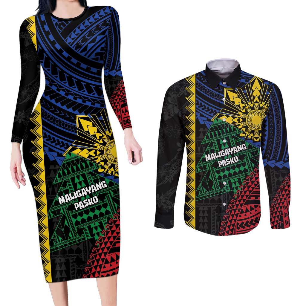 Personalised Philippines Christmas Couples Matching Long Sleeve Bodycon Dress and Long Sleeve Button Shirt Xmas Tree Filipino Tribal Patterns DT05 Black - Polynesian Pride