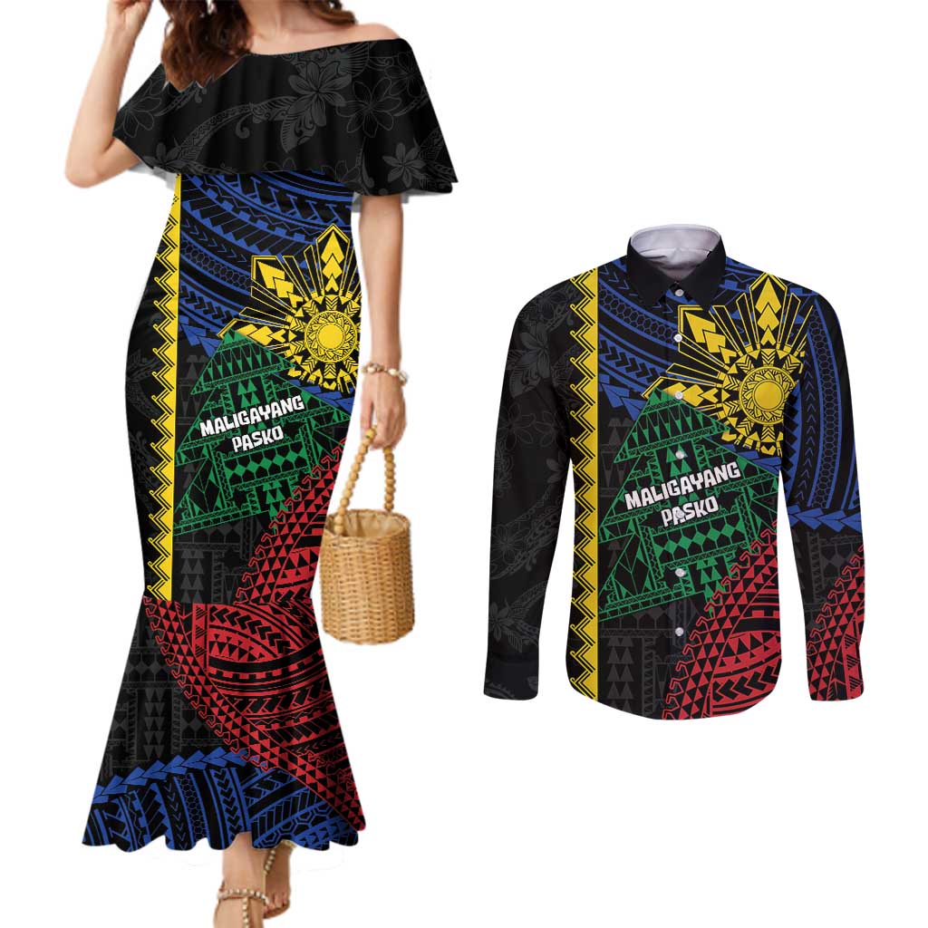 Personalised Philippines Christmas Couples Matching Mermaid Dress and Long Sleeve Button Shirt Xmas Tree Filipino Tribal Patterns DT05 Black - Polynesian Pride