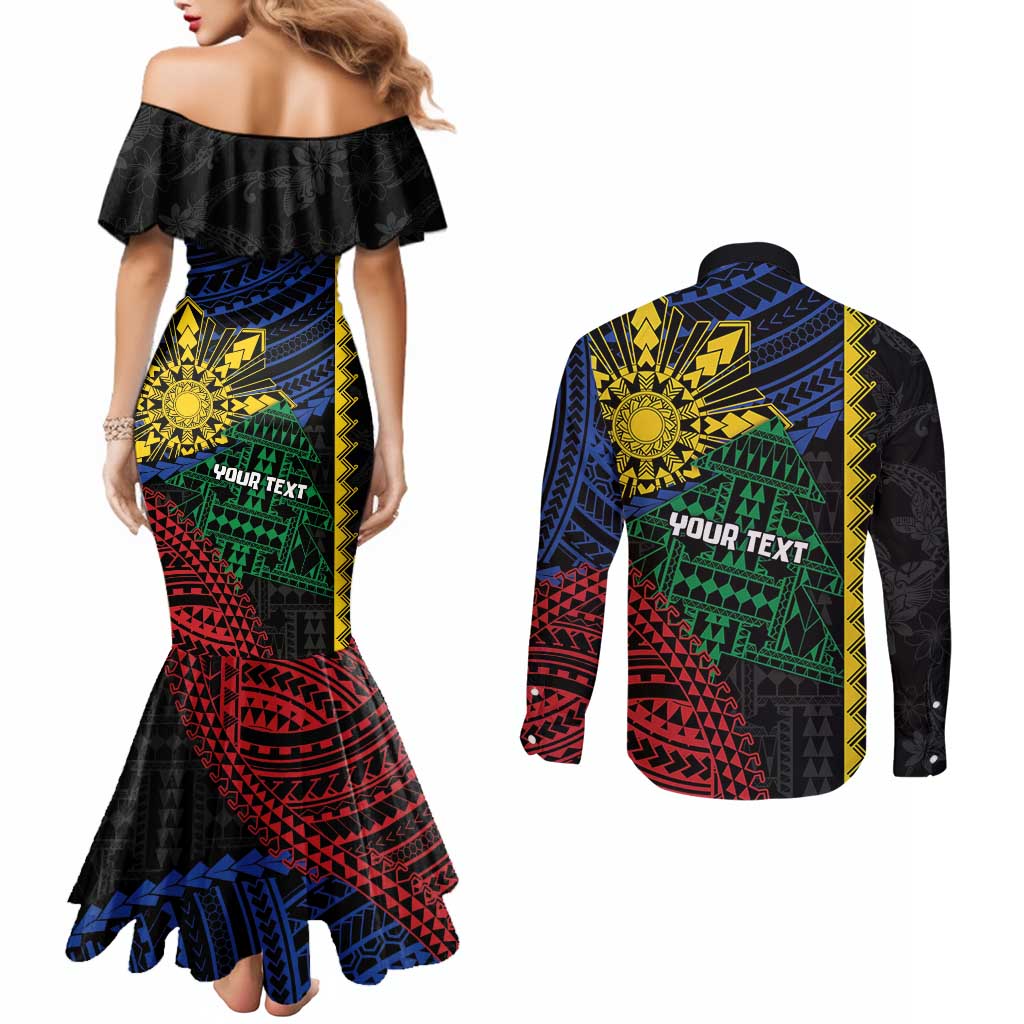 Personalised Philippines Christmas Couples Matching Mermaid Dress and Long Sleeve Button Shirt Xmas Tree Filipino Tribal Patterns DT05 - Polynesian Pride