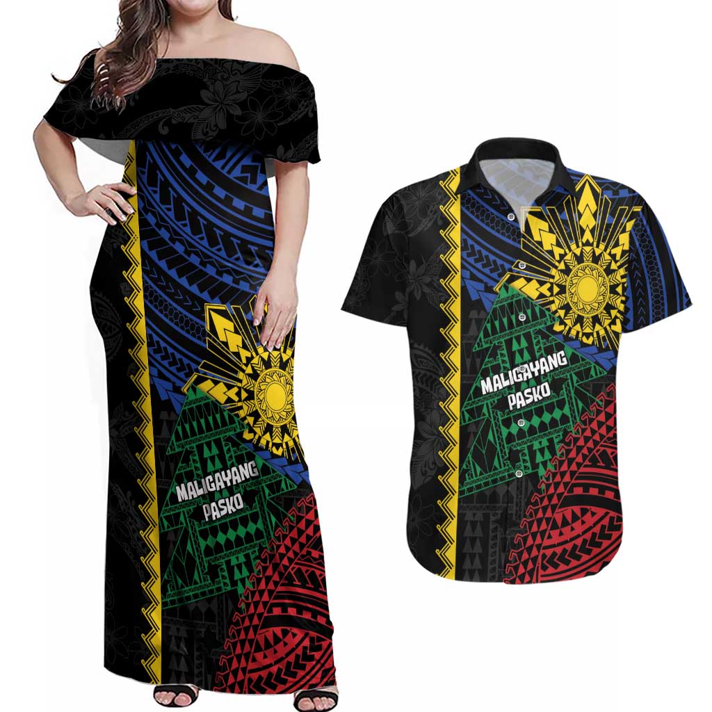 Personalised Philippines Christmas Couples Matching Off Shoulder Maxi Dress and Hawaiian Shirt Xmas Tree Filipino Tribal Patterns DT05 Black - Polynesian Pride
