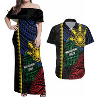 Personalised Philippines Christmas Couples Matching Off Shoulder Maxi Dress and Hawaiian Shirt Xmas Tree Filipino Tribal Patterns DT05 Black - Polynesian Pride