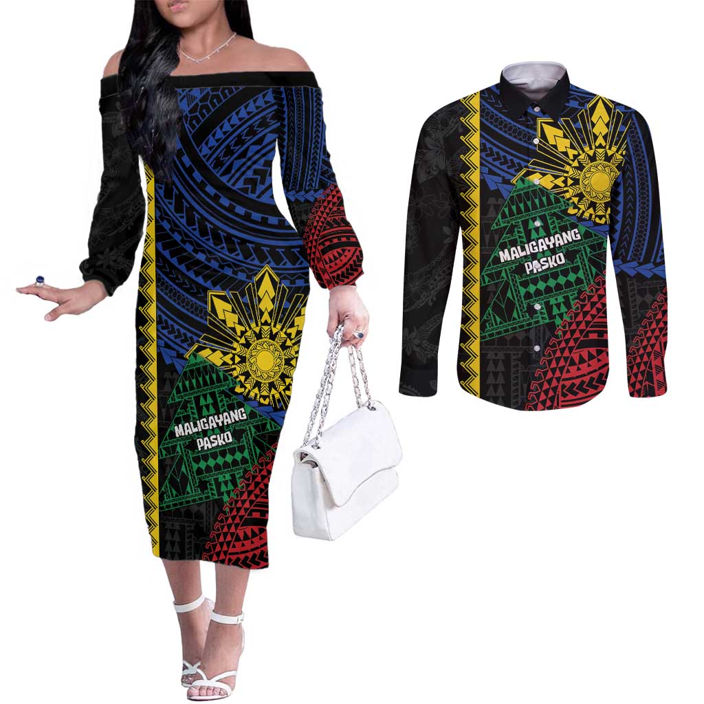 Personalised Philippines Christmas Couples Matching Off The Shoulder Long Sleeve Dress and Long Sleeve Button Shirt Xmas Tree Filipino Tribal Patterns DT05 Black - Polynesian Pride