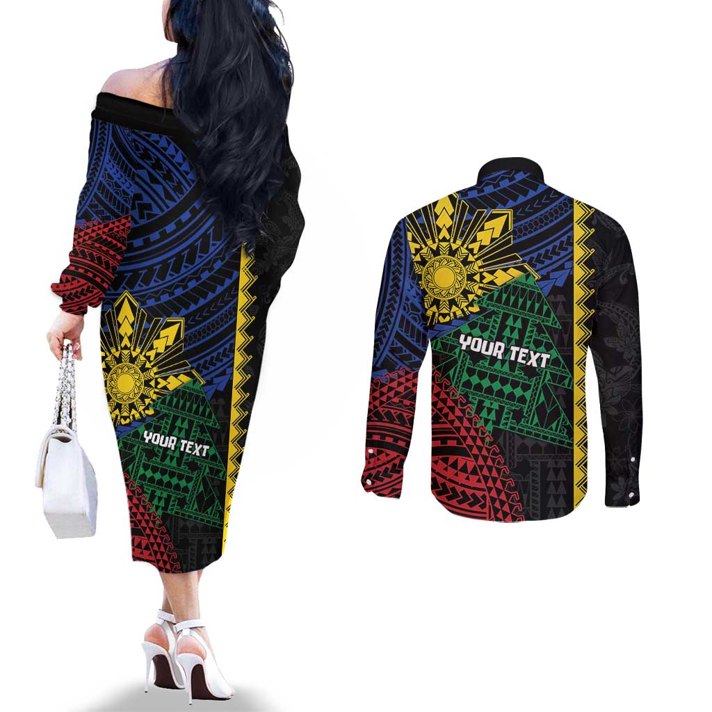 Personalised Philippines Christmas Couples Matching Off The Shoulder Long Sleeve Dress and Long Sleeve Button Shirt Xmas Tree Filipino Tribal Patterns DT05 - Polynesian Pride