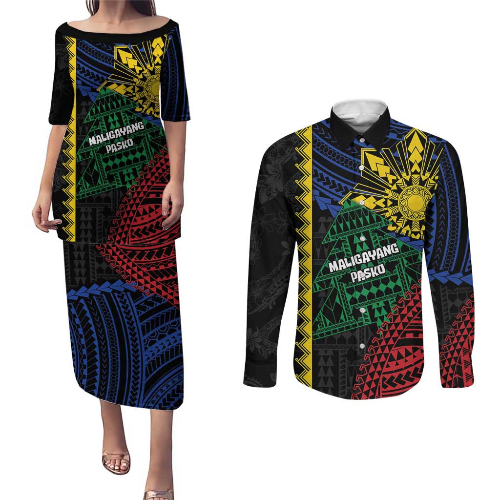 Personalised Philippines Christmas Couples Matching Puletasi and Long Sleeve Button Shirt Xmas Tree Filipino Tribal Patterns - Polynesian Pride