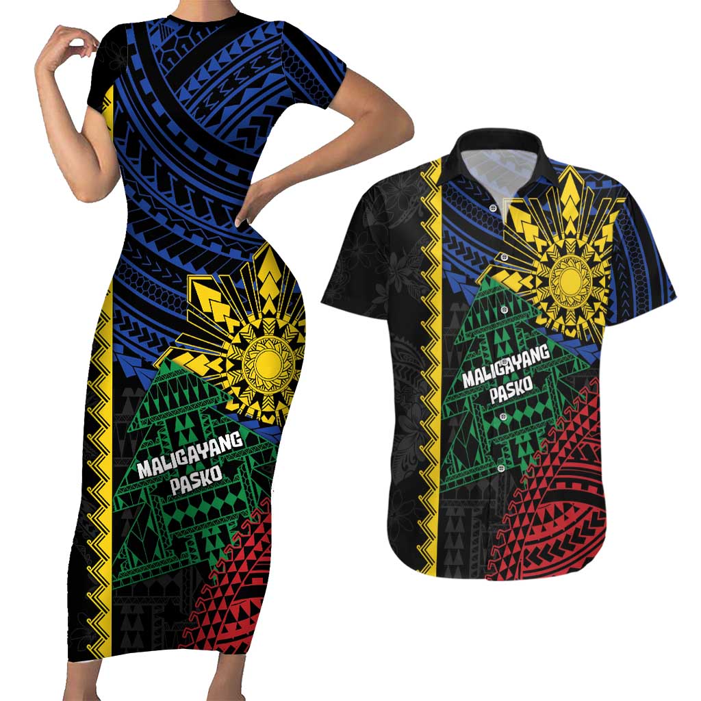 Personalised Philippines Christmas Couples Matching Short Sleeve Bodycon Dress and Hawaiian Shirt Xmas Tree Filipino Tribal Patterns DT05 Black - Polynesian Pride