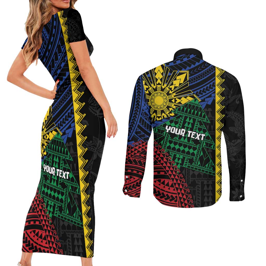 Personalised Philippines Christmas Couples Matching Short Sleeve Bodycon Dress and Long Sleeve Button Shirt Xmas Tree Filipino Tribal Patterns DT05 - Polynesian Pride