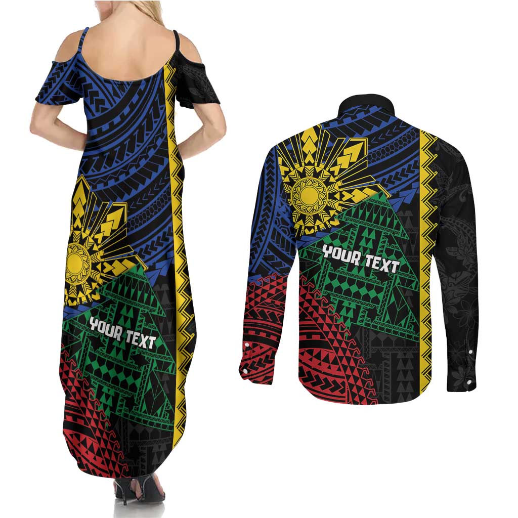 Personalised Philippines Christmas Couples Matching Summer Maxi Dress and Long Sleeve Button Shirt Xmas Tree Filipino Tribal Patterns - Polynesian Pride