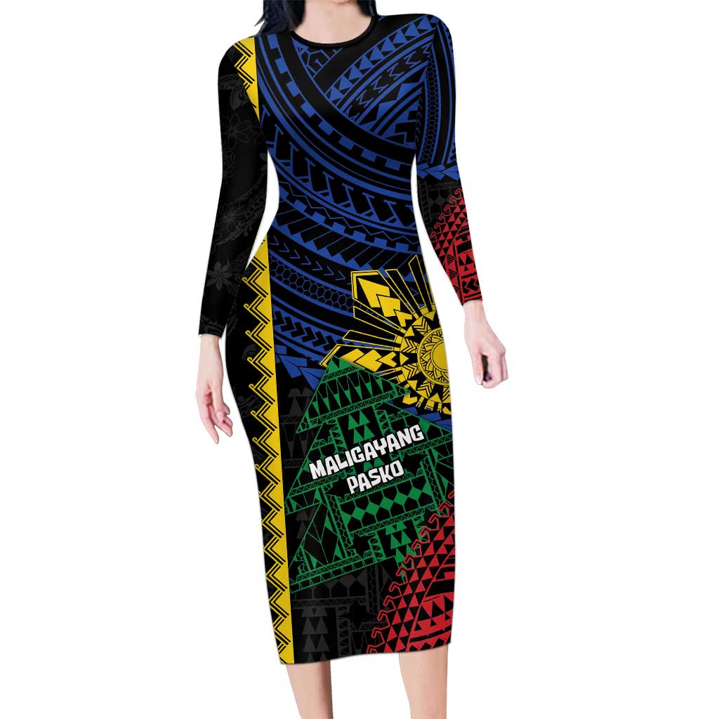 Personalised Philippines Christmas Family Matching Long Sleeve Bodycon Dress and Hawaiian Shirt Xmas Tree Filipino Tribal Patterns DT05 Mom's Dress Black - Polynesian Pride