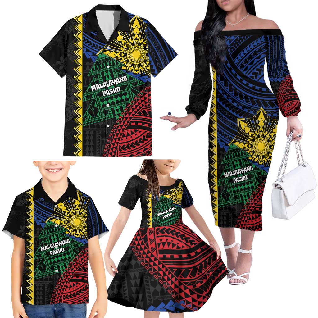 Personalised Philippines Christmas Family Matching Off The Shoulder Long Sleeve Dress and Hawaiian Shirt Xmas Tree Filipino Tribal Patterns DT05 - Polynesian Pride
