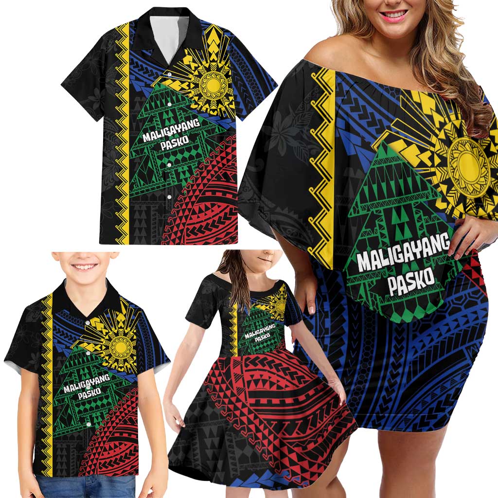 Personalised Philippines Christmas Family Matching Off Shoulder Short Dress and Hawaiian Shirt Xmas Tree Filipino Tribal Patterns - Polynesian Pride