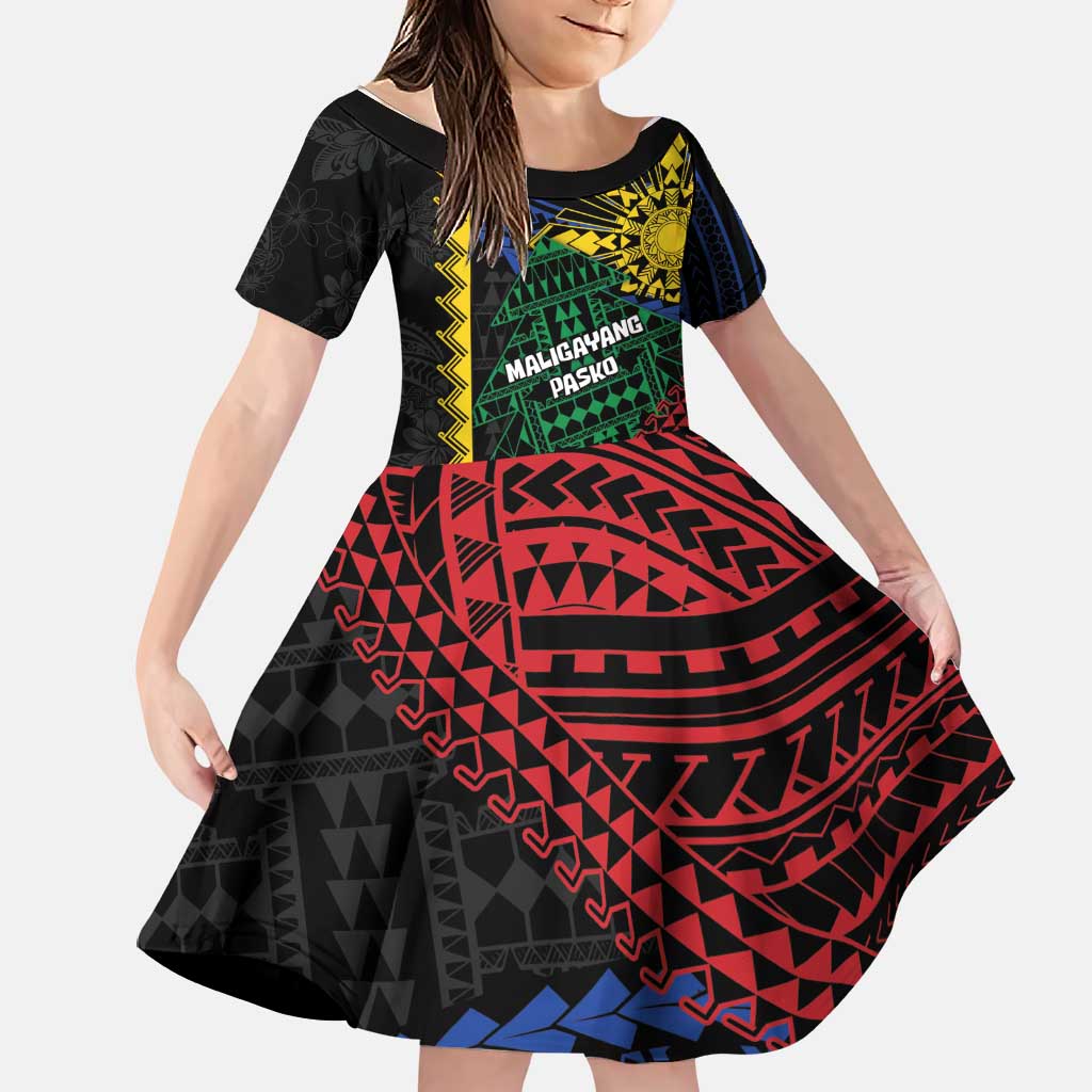 Personalised Philippines Christmas Family Matching Summer Maxi Dress and Hawaiian Shirt Xmas Tree Filipino Tribal Patterns DT05 Daughter's Dress Black - Polynesian Pride