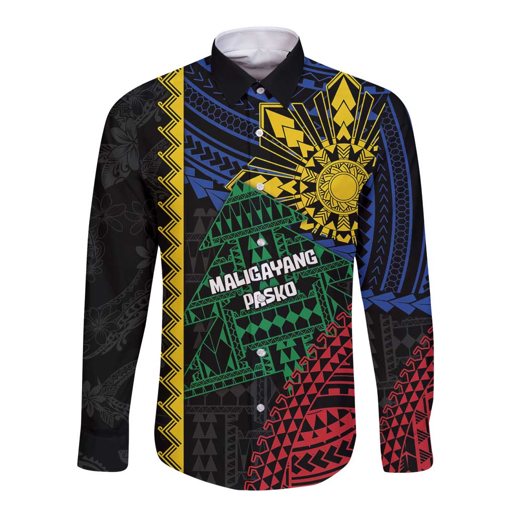 Personalised Philippines Christmas Long Sleeve Button Shirt Xmas Tree Filipino Tribal Patterns DT05 Unisex Black - Polynesian Pride