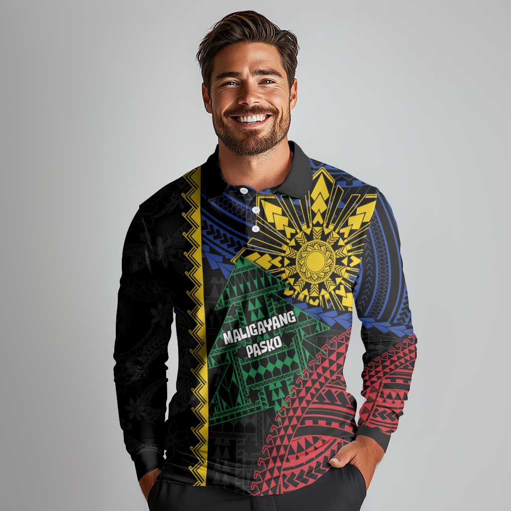 Personalised Philippines Christmas Long Sleeve Polo Shirt Xmas Tree Filipino Tribal Patterns - Polynesian Pride