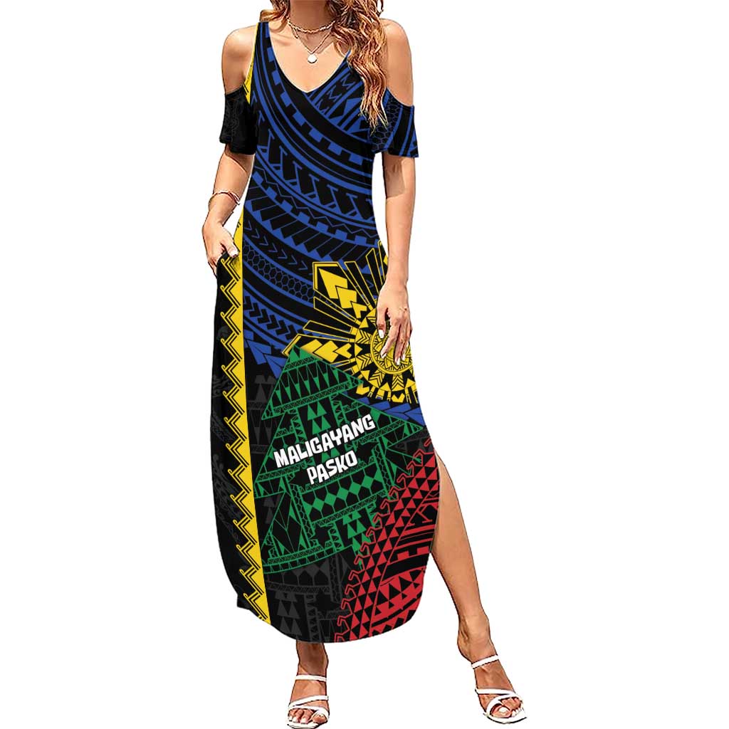 Personalised Philippines Christmas Summer Maxi Dress Xmas Tree Filipino Tribal Patterns - Polynesian Pride