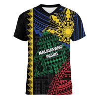Personalised Philippines Christmas Women V-Neck T-Shirt Xmas Tree Filipino Tribal Patterns - Polynesian Pride