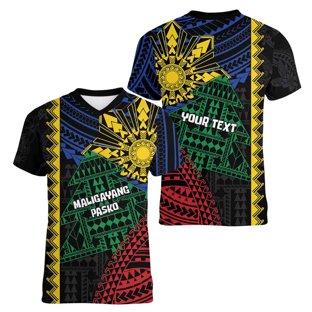 Personalised Philippines Christmas Women V-Neck T-Shirt Xmas Tree Filipino Tribal Patterns - Polynesian Pride