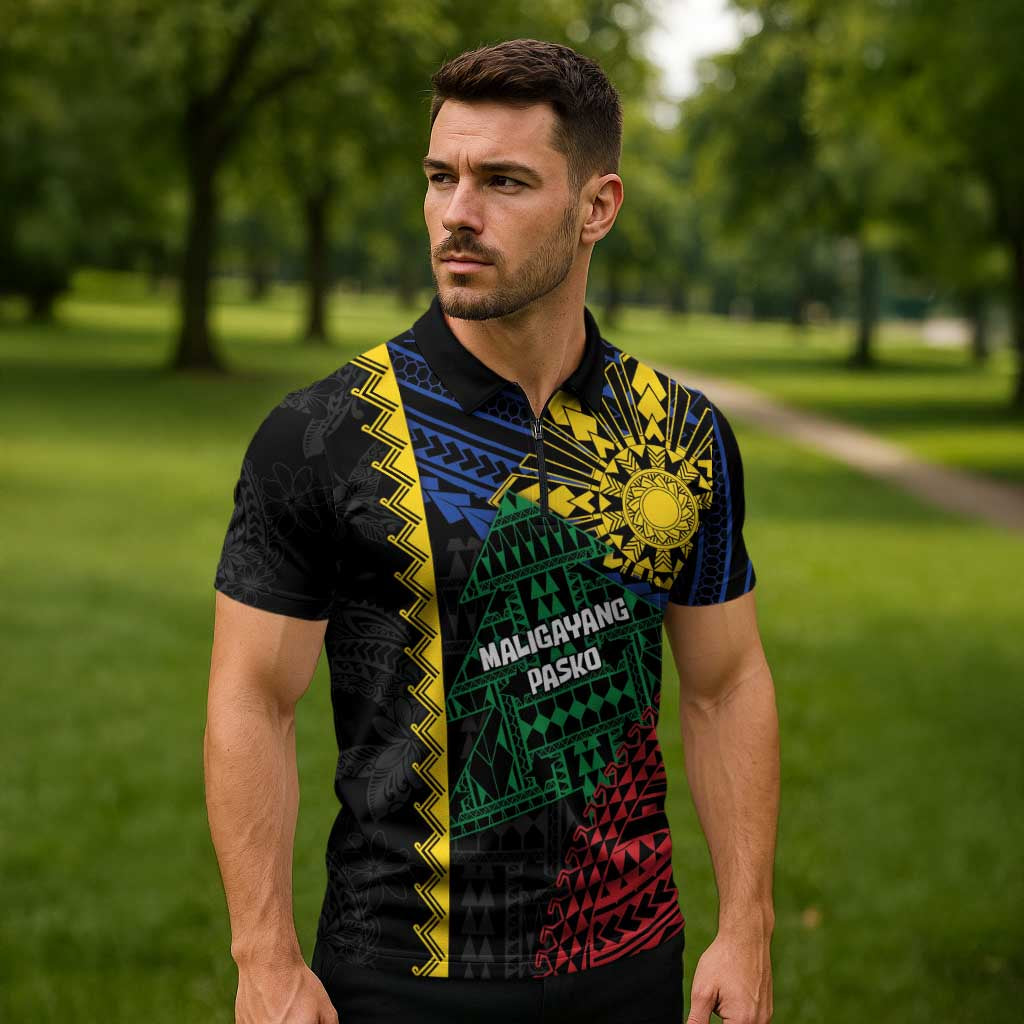 Personalised Philippines Christmas Zipper Polo Shirt Xmas Tree Filipino Tribal Patterns - Polynesian Pride