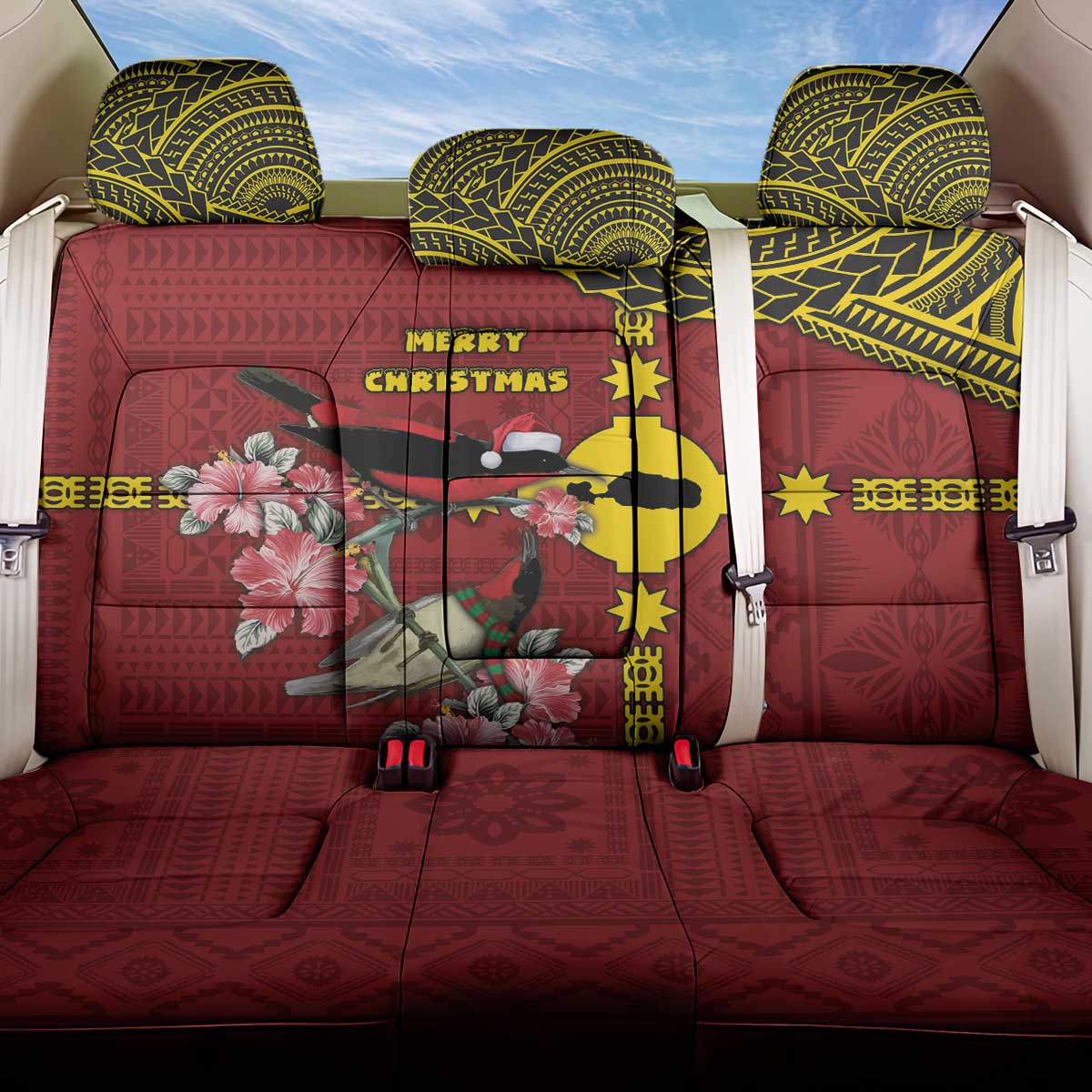 Rotuma Christmas Back Car Seat Cover Rotuma Myzomela Birds With Hibiscus Flowers DT05 One Size Red - Polynesian Pride