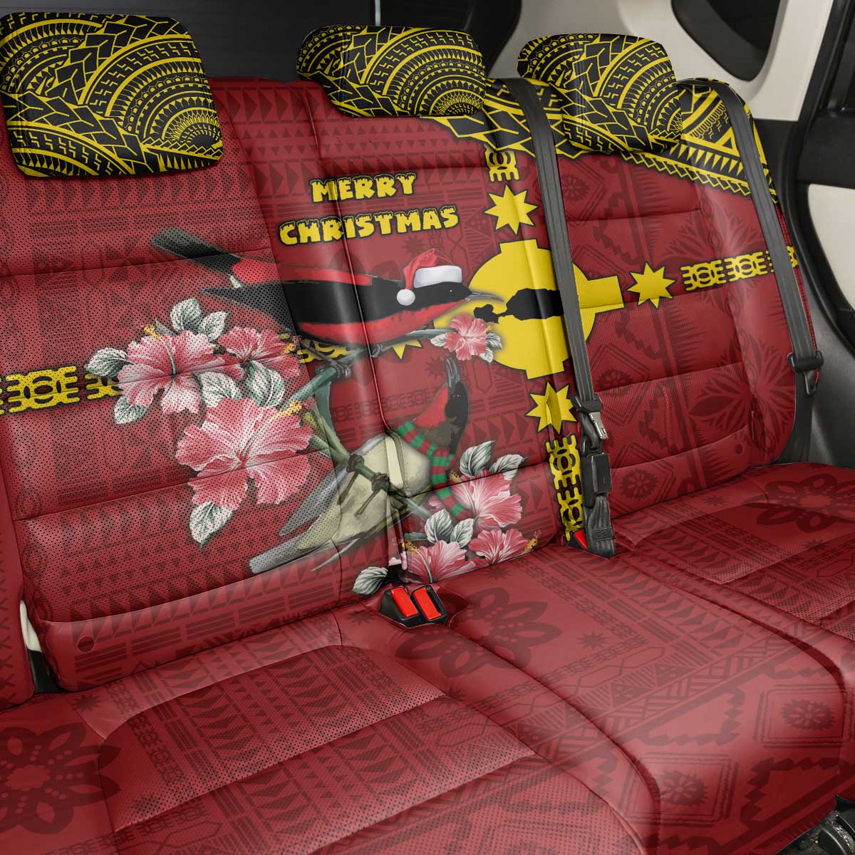 Rotuma Christmas Back Car Seat Cover Rotuma Myzomela Birds With Hibiscus Flowers DT05 - Polynesian Pride