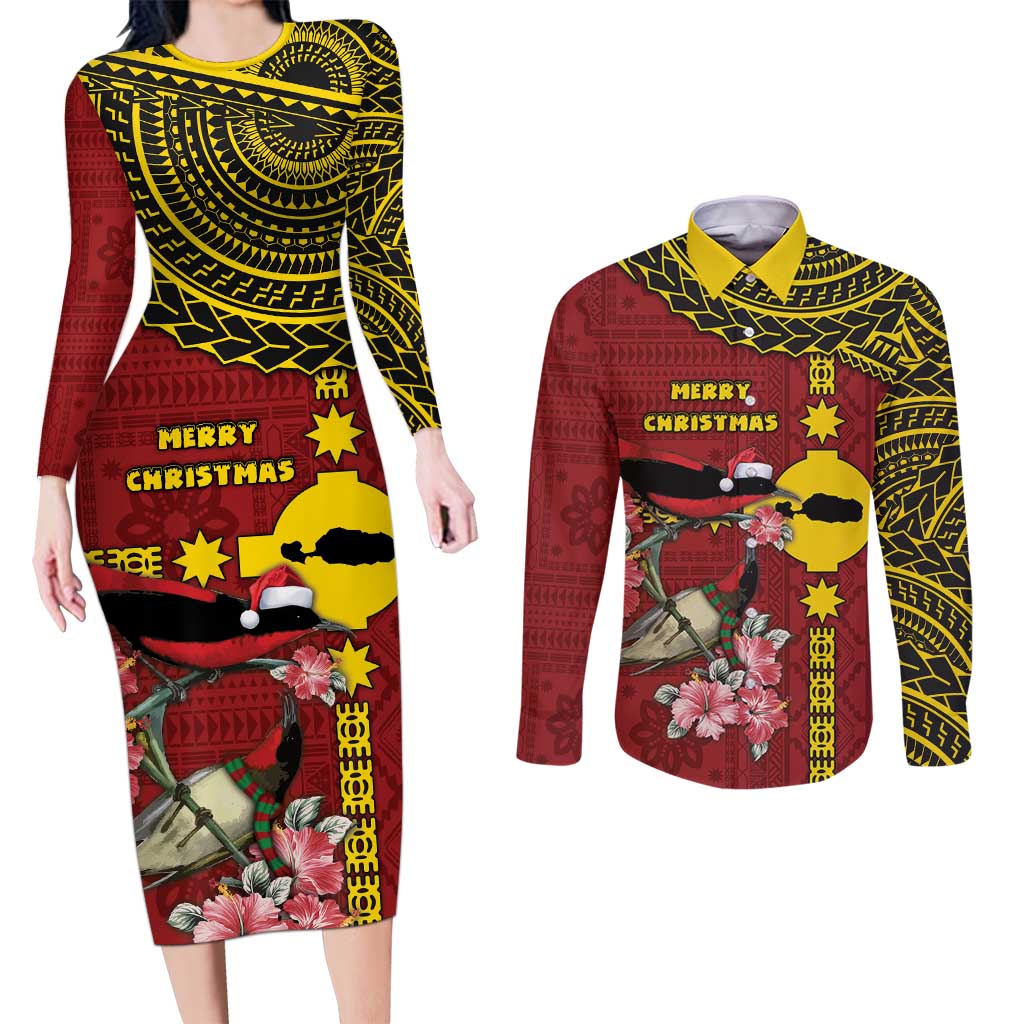 Rotuma Christmas Couples Matching Long Sleeve Bodycon Dress and Long Sleeve Button Shirt Rotuma Myzomela Birds With Hibiscus Flowers DT05 Red - Polynesian Pride