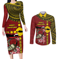 Rotuma Christmas Couples Matching Long Sleeve Bodycon Dress and Long Sleeve Button Shirt Rotuma Myzomela Birds With Hibiscus Flowers DT05 Red - Polynesian Pride