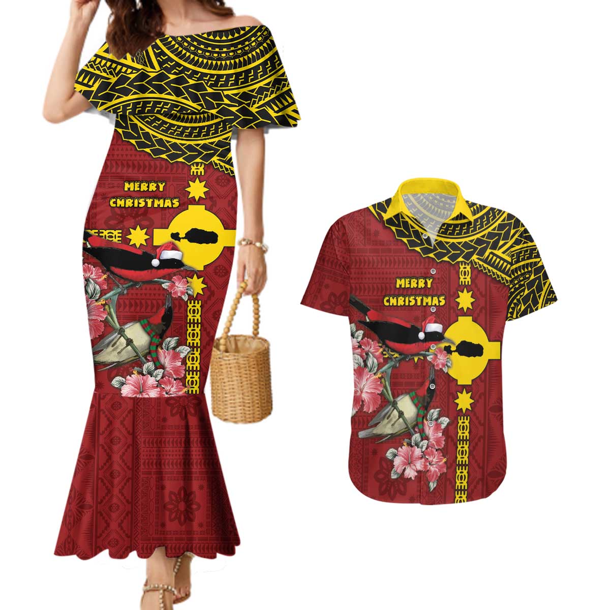 Rotuma Christmas Couples Matching Mermaid Dress and Hawaiian Shirt Rotuma Myzomela Birds With Hibiscus Flowers - Polynesian Pride