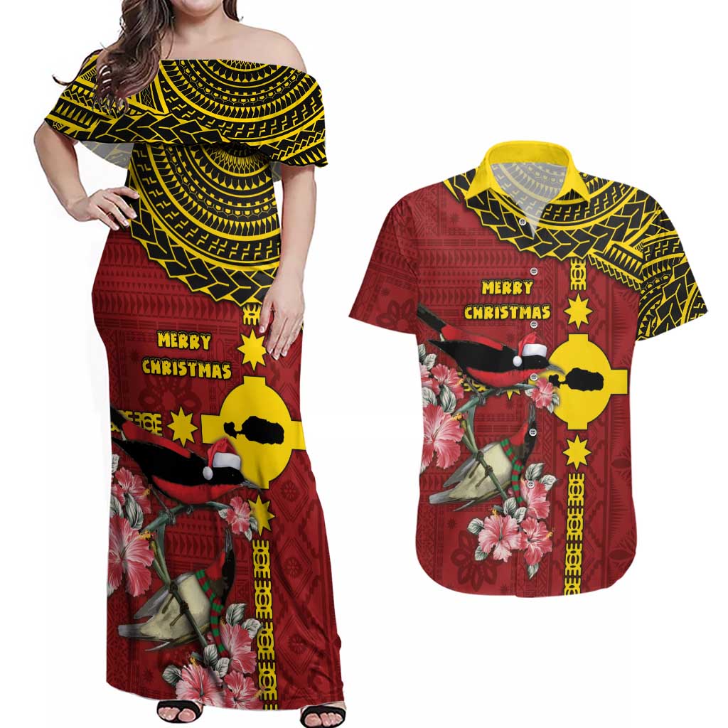 Rotuma Christmas Couples Matching Off Shoulder Maxi Dress and Hawaiian Shirt Rotuma Myzomela Birds With Hibiscus Flowers DT05 Red - Polynesian Pride
