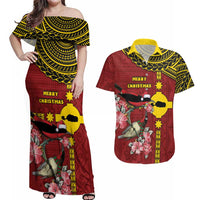 Rotuma Christmas Couples Matching Off Shoulder Maxi Dress and Hawaiian Shirt Rotuma Myzomela Birds With Hibiscus Flowers DT05 Red - Polynesian Pride