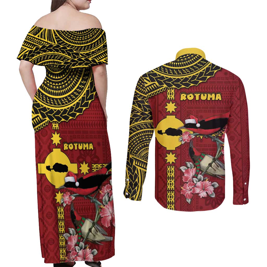 Rotuma Christmas Couples Matching Off Shoulder Maxi Dress and Long Sleeve Button Shirt Rotuma Myzomela Birds With Hibiscus Flowers DT05 - Polynesian Pride