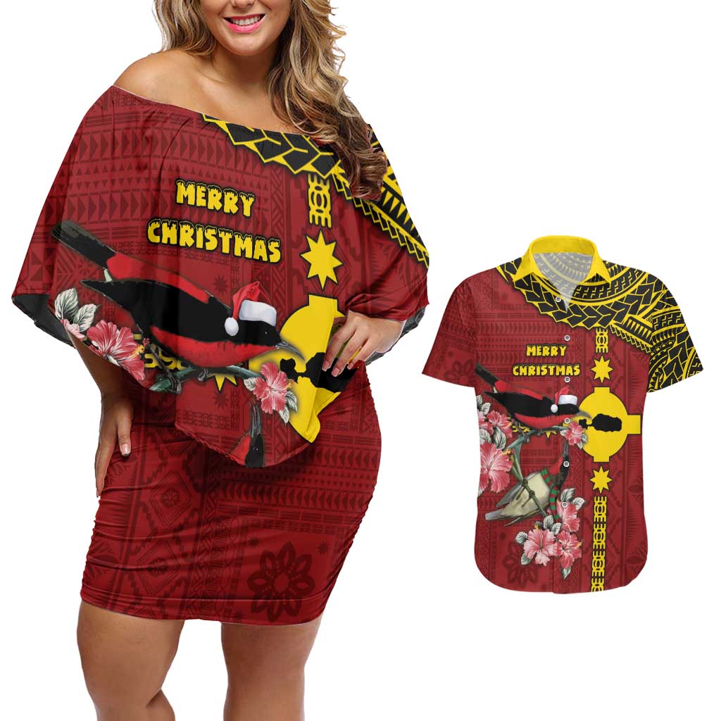 Rotuma Christmas Couples Matching Off Shoulder Short Dress and Hawaiian Shirt Rotuma Myzomela Birds With Hibiscus Flowers DT05 Red - Polynesian Pride