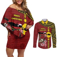 Rotuma Christmas Couples Matching Off Shoulder Short Dress and Long Sleeve Button Shirt Rotuma Myzomela Birds With Hibiscus Flowers DT05 Red - Polynesian Pride