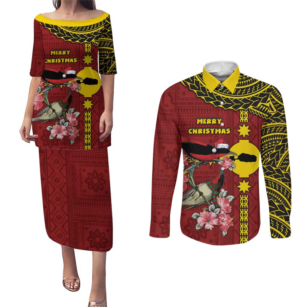 Rotuma Christmas Couples Matching Puletasi and Long Sleeve Button Shirt Rotuma Myzomela Birds With Hibiscus Flowers DT05 Red - Polynesian Pride