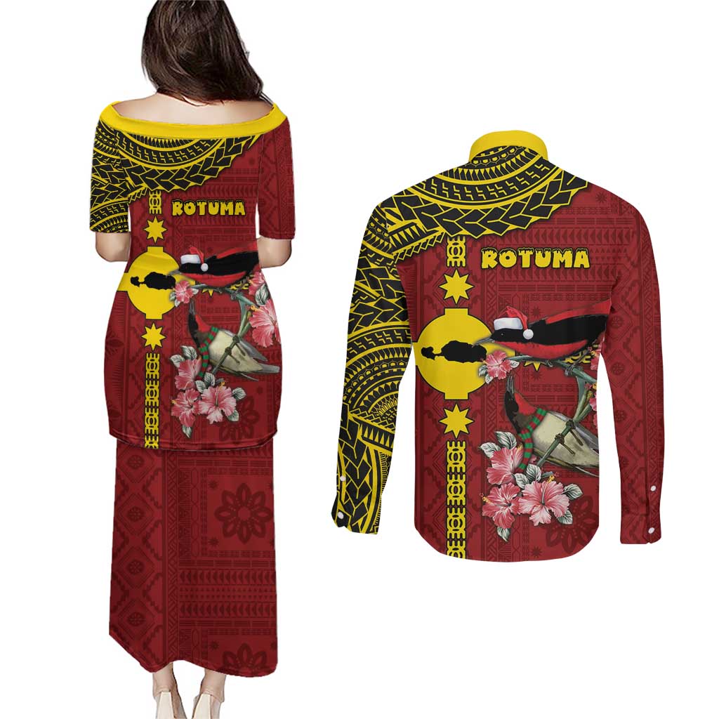 Rotuma Christmas Couples Matching Puletasi and Long Sleeve Button Shirt Rotuma Myzomela Birds With Hibiscus Flowers DT05 - Polynesian Pride