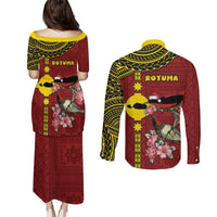 Rotuma Christmas Couples Matching Puletasi and Long Sleeve Button Shirt Rotuma Myzomela Birds With Hibiscus Flowers DT05 - Polynesian Pride