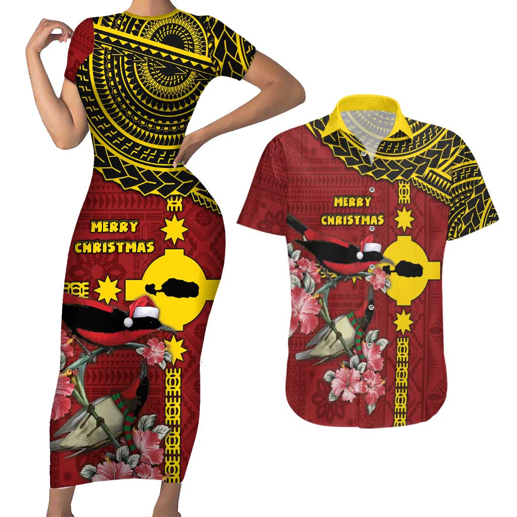 Rotuma Christmas Couples Matching Short Sleeve Bodycon Dress and Hawaiian Shirt Rotuma Myzomela Birds With Hibiscus Flowers DT05 Red - Polynesian Pride
